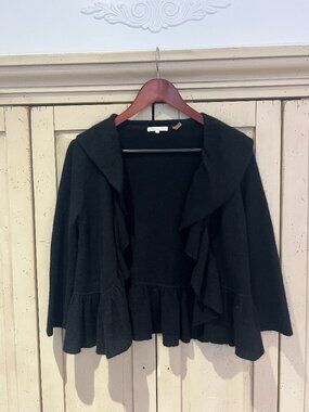 Minnie Rose 100% Cashmere Ruffle Cascade Peplum Cardigan Black XS